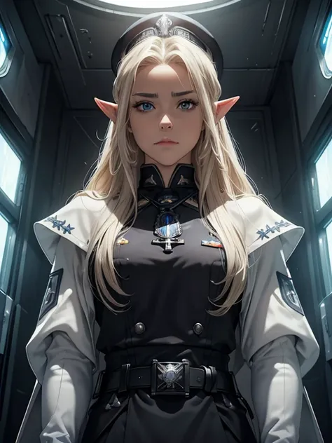 masterpiece, Highest quality, Highly detailed CG Unity 8K wallpapers,((Upper body portrait)), ((The throne room inside the spaceship)), (Long pointy ears), Elegant long wavy platinum blonde hair, ((Average chest size, Self-illuminating skin)), ((Black mili...