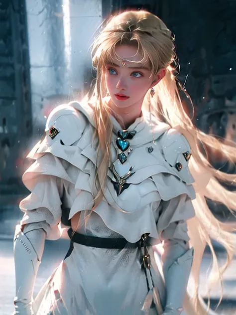 8K  UHD，RAW photo，A woman wearing black armor is fully armored：1.1，Handsome girl，long whitr hair，blonde with blue eyes，The face is delicate，Delicate skin，Full breasts，Crystal clear lips，Slender legs，(Real Human:1.3)，(A high resolution:1.4)，(A detailed:1.5)...