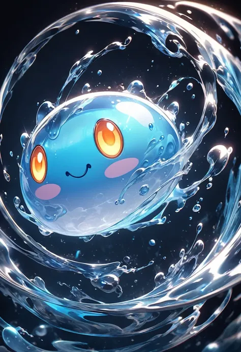 Japanese cartoon slime fantasy fictional creature flat light blue cute slime(close up)Glowing transparent slime cute luminous creature surrounded by water splash full dark blue background shiny rotating high dynamic vortex surrounding slime , Swirl dynamic...