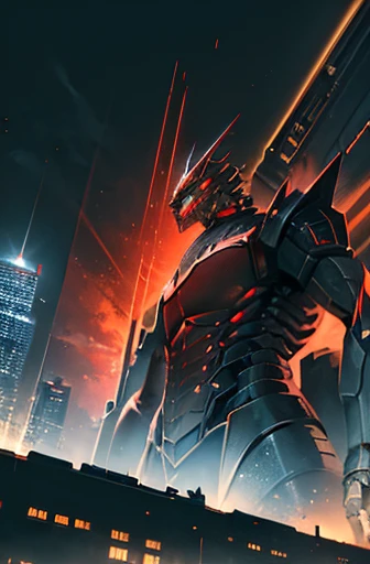 MECA,robot,droid,holding_assault rifle,giant,city,masterpiece,best quality,super detailed,super fine illustration,battle scene,ARMORED CORE,red,キャノン砲,dynamic angle