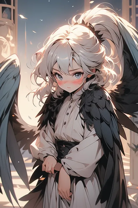 1girl, harpy, black wings, confused, silly, small, cute, blushing, bowing