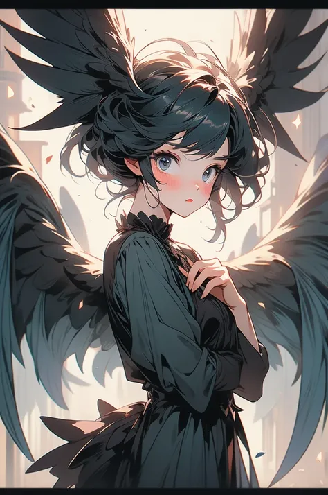 1girl, harpy, black wings, confused, silly, small, cute, blushing, bowing