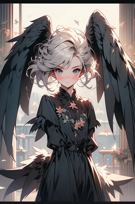 1girl, harpy, black wings, confused, silly, small, cute, blushing, bowing