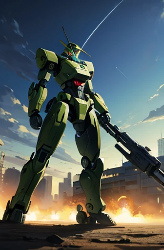 meca,roboT,droid,holding_assault rifle,giant,city,masterpiece,best quality,super detailed,super fine illustration,battle scene,ARMORED CORE,green color,Cannon,dynamic angle,Heavy equipment,cat years,meca girl,