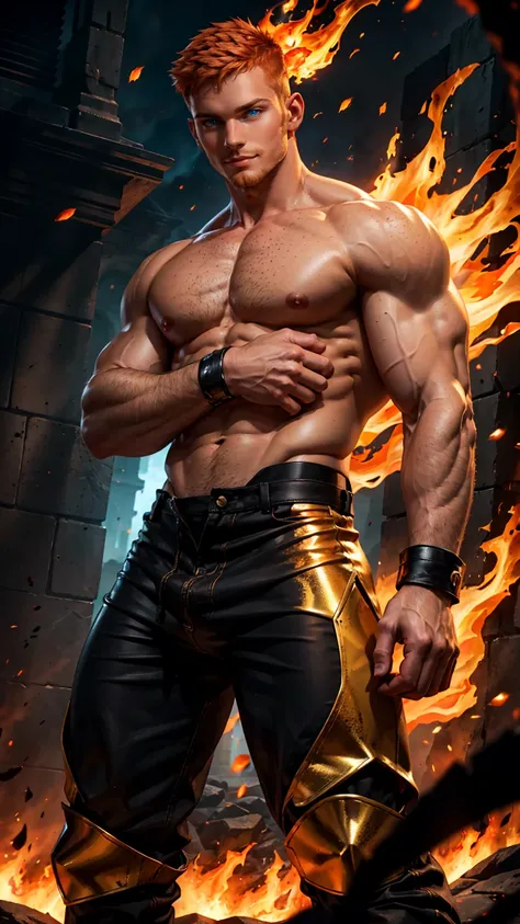 A strong twink man, muscular with short, orange undercut hair and freckles, stands in a battle-ready stance with his arms crossed. He is shirtless, revealing his well-defined torso and arms. He wears fitted pants adorned with flame patterns in red and blac...