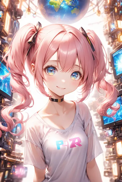 (Highest quality, 8k, 32K, masterpiece, Ultra-high resolution,:1.2),born, One girl,Super cute , Natural light,Clear, shining eyes, 20-year-old ,Fair skin, Girl with pink hair, Wearing an open-necked T-shirt, Sexy pose, An innocent smile, A fantasy backgrou...