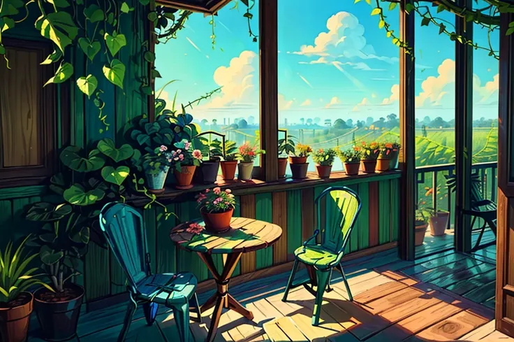 (masterpiece:1), (Full Wide View:1.5), (Interior of the wooden balcony of the Oranto nursery on the top floor of the building :1.6), (Lo-fi atmosphere:1.3), (Bright Day:1.5), (Exotic plants:1.3), silence, (Green grass seen from the balcony:1.4), (Vast blue...