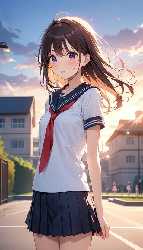 高いquality illustration, masterpiece, Very delicate and beautiful, Attractive girl,(Black Sailor Suit),thin,Slender body,slim、Schoolyard、Schoolyardの背景,Princess, Beautiful Eyes,Surprised、panic、blush,(masterpiece, Highest quality:1.2), High resolution, Very d...