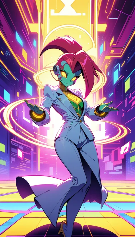 ((best quality)) , ((masterpiece)) , (detailed)，Illustration of a Hearthstone card game character, a lizard in a white suit with a red mohawk dancing on a golden dance floor, with yellow lights and green decorations in the background, in the style of a car...