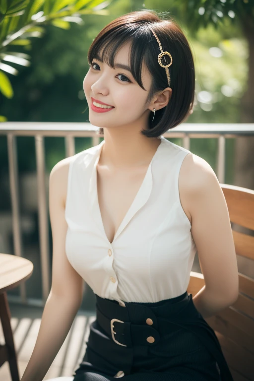 (((Top quality, 8K, Masterpiece: 1.3)), Beautiful girl, Pure, Melon face, feminine and cute, kind smile, Pure desire, Slender body, (Front), (Tilted head), ((Looking at camera) ), wearing a colorful suit, black silky short bob hair, long flowing shoulders,...