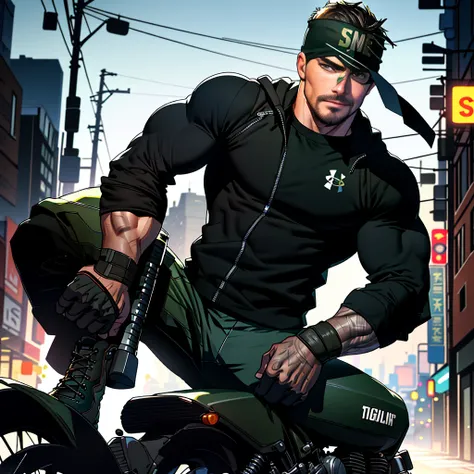 best qualtiy，tmasterpiece，serious-expression，Ultra-high resolution，detailed background，realistic lying，1 person，solo，MATURE male ，HANSOME HUNK ((((STEPHEN AMELL)))) riding a black GREEN  motorcycle，with short DARK BLOND hair，musculED AND BULGED，short detai...