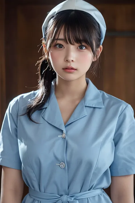 (Highest quality, 8K), beauty, Japanese Girls, nurse, whole body, Perfect Anatomy, Are standing, Black Hair, Blunt bangs, Down ponytail, 20-year-old, Face Focus, Detailed face, Highly detailed lips, Beautiful Eyes, Sweaty skin: 1.2, nurse uniform, Light bl...