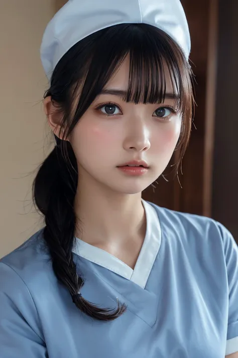 (Highest quality, 8K), beauty, Japanese Girls, nurse, whole body, Perfect Anatomy, Are standing, Black Hair, Blunt bangs, Down ponytail, 20-year-old, Face Focus, Detailed face, Highly detailed lips, Beautiful Eyes, Sweaty skin: 1.2, nurse uniform, Light bl...