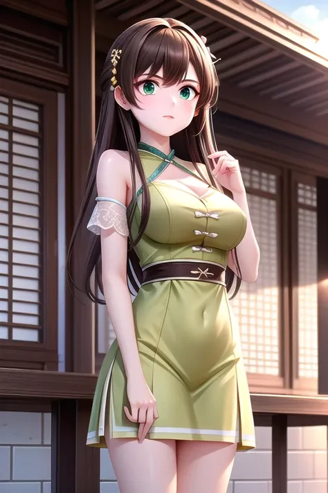 yang xue, light brown hair, maintain original hairstyle, ornament on hair, clear clean green eyes,  wearing her original dress, standing outdoors, cowboy shot