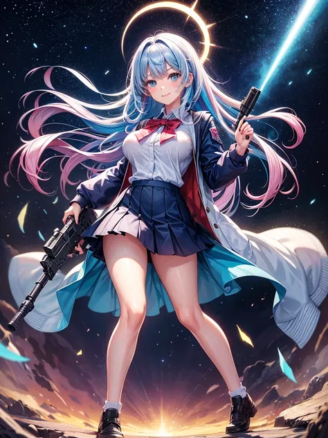 middle School girls，smile，Beautiful girls，Beautiful girl from another world，Girl holding an assault rifle，The best quality to get you horny，Psychic，Wizard，battle，Multi-colored hair，Perfect Girl，Super cute girl，Ocean，Starry sky background，Cute uniform，Unifo...