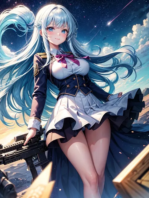 middle School girls，smile，Beautiful girls，Beautiful girl from another world，Girl holding an assault rifle，The best quality to get you horny，Psychic，Wizard，battle，Multi-colored hair，Perfect Girl，Super cute girl，Ocean，Starry sky background，Cute uniform，Unifo...