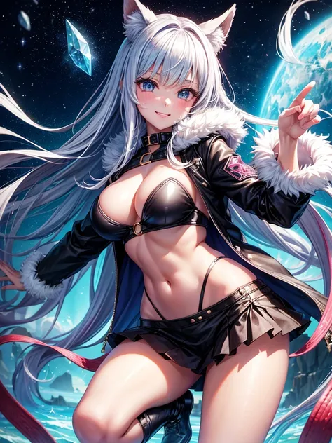 middle School girls，smile，Beautiful girls，Beautiful girl from another world，fur jacket，The best quality to get you horny，Psychic，Wizard，battle，Multi-colored hair，Perfect Girl，Super cute girl，Ocean，Starry sky background，Latest Fashion，leather jacket，Long Ha...