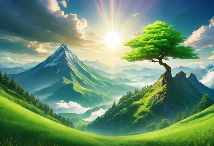 Regenerate a picture like the given one. Provide the highest quality. Green tree, mountain, cloud, sun