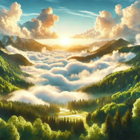 a painting of a mountain landscape with clouds and trees, optimistic matte painting, ross tran. scenic background, dreamy matte painting, made of tree and fantasy valley, by Alexander Kucharsky, illustration matte painting, studio ghibli sky, studio ghibli...