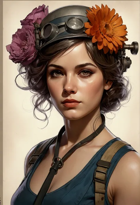 Charlie Bowater Lithograph realistic sketch portrait of a woman, flowers, [gear], pipes, dieselpunk, Multicolored straps, old paper texture, highy detailed