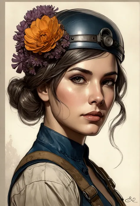 Charlie Bowater Lithograph realistic sketch portrait of a woman, flowers, [gear], pipes, dieselpunk, Multicolored straps, old paper texture, highy detailed