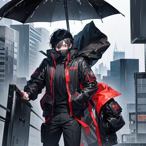 A teenage boy with black hair and a mask covering his entire face, wearing a jacket, rainy city