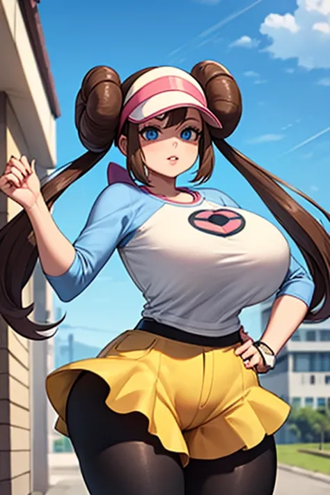 (best quality), (masterpiece), 1 girl, early 20s, huge heavy breasts, busty, massive breasts, thick, thick lips, wide hips, thin waist, ro1, hair bun, blue eyes, twintails, visor cap, pantyhose, raglan sleeves, yellow shorts, shirt, pink bow, wristwatch