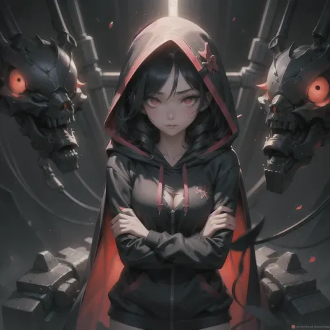 a drawing of a woman with long black hair and red eyes, medieval girl with long curly jet black hair, medieval anime girl in hoodie, beautiful female necromancer, digital art anime, a nervous teenage killer, detailed anime character art