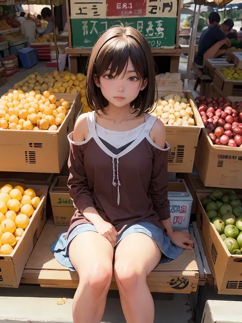 sitting with legs open in a market