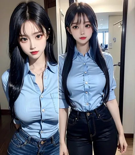 Woman with long hair straight, (Denim-blue hair color), high detailed, realistic, ultra realistic, ((Denim-blue shirt)) and black skinny long pant,