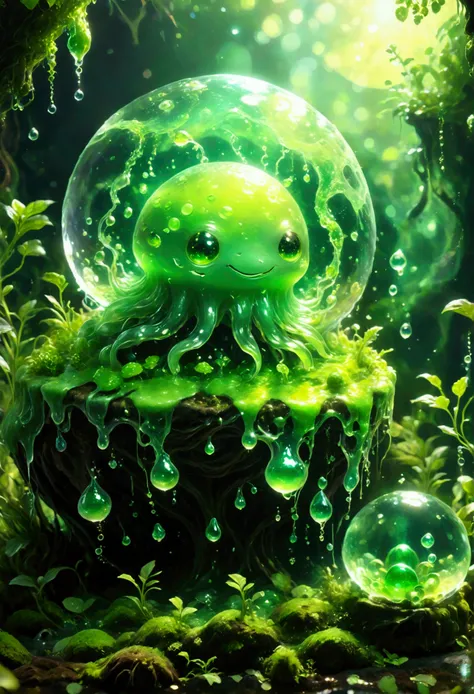 visualize a slime creature in a fantasy setting. the creature is known for its jelly-like translucent body that shimmers in vari...