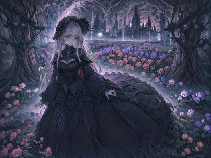 ネオゴススタイルのgirl, wearing a black dress and a white collar, wearing a black hat、wearing heavy makeup, standing in a mystical garden...