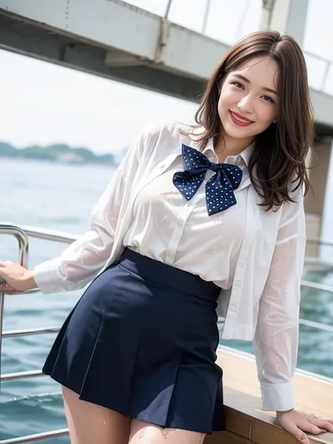 Gray background、pubic hair、Large Breasts、Thighs、Red lipstick、Cute woman、high school girl、White shirt、(Navy blue skirt)、smile、Open chest shirt、(A polka dot shirt that was wet and showed her underwear)、Wet Hair、Gazing at the sea、smile、On the boat、Looking fro...