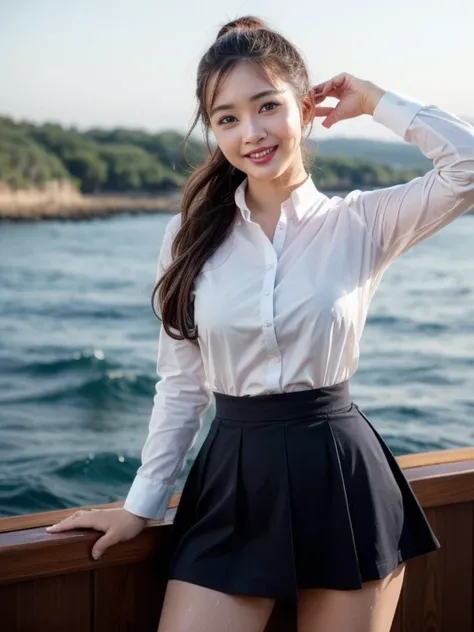 Gray background、pubic hair、Large Breasts、Thighs、Red lipstick、Cute woman、high school girl、White shirt、(Navy blue skirt)、smile、Open chest shirt、(A polka dot shirt that was wet and showed her underwear)、Wet Hair、Gazing at the sea、smile、On the boat、Raising his...