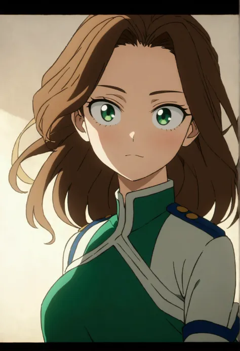 she is a 16 year old teenager, she has slightly disheveled long brown hair..., somewhat light green eyes, , fit body , anime art...