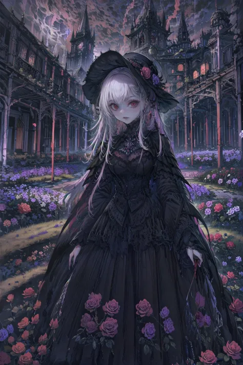 ネオゴススタイルのgirl, wearing a black dress and a white collar, wearing a black hat、wearing heavy makeup, standing in a mystical garden...