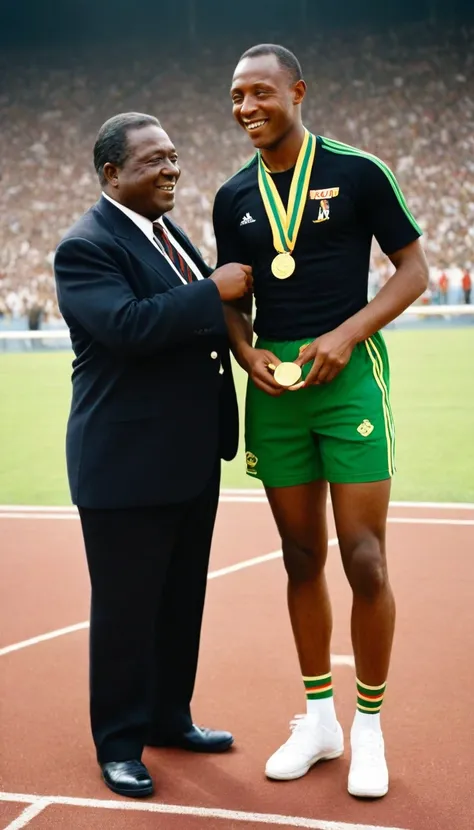 create an image of Jesse Owens in a world sports olympic stadium, dressed in a black uniform with horizontal red and green stripes on the shorts and shirt, with a determined countenance, receiving a gold medal from Marcus Garvey, who is standing and smilin...