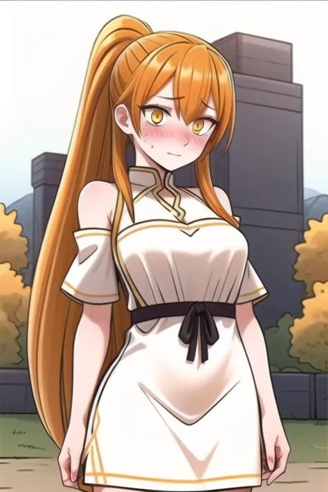 tall mature girl, long orange hair, yellow eyes, blush on cheeks, tied into a ponytail, bangs on forehead, maintain original hairstyle,  wearing her original white dress, standing outdoors, cowboy shot