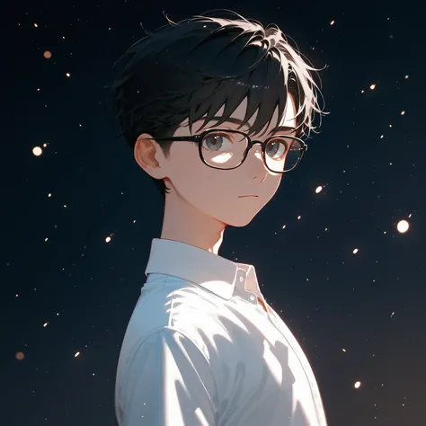 1Young boy，Beautiful light and shadow，Short black hair，Black frame glasses，Thin and handsome，Light Particles，White shirt，Gentleman&#39;s suit jacket，Holding a book