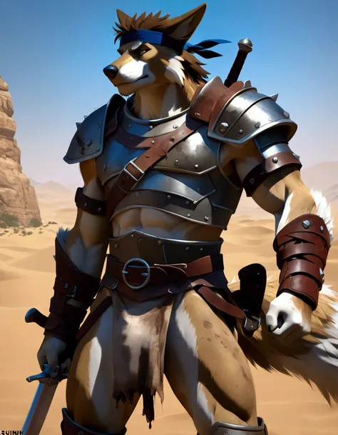 
Solo Sexy anthro furry german shepherd male; ancient Mediterranean desert warrior; slim mesomorph handsome model apperance; boys messy short hair headband; sexy toned muscules; sword scars; worn out brown studded leather rusty sexy skimpy armament. He has...