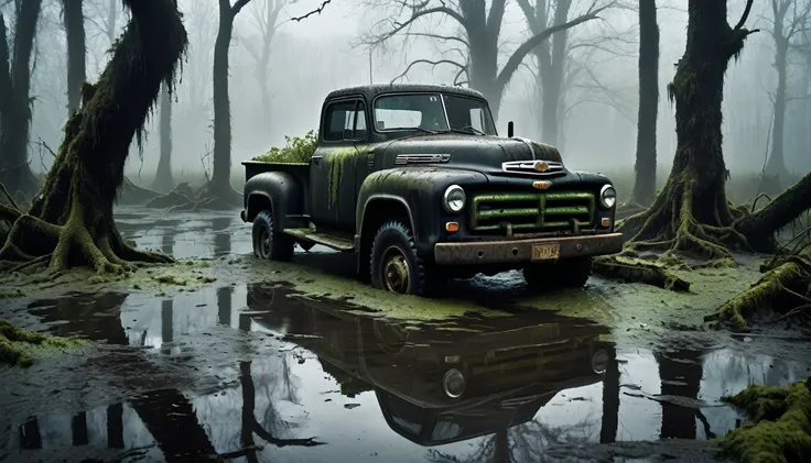 008: Create a hyper-realistic image of a black truck half-submerged in a murky, swampy area. The truck is covered in mud and algae, with the water around it still and dark, reflecting the twisted trees that loom overhead. Strange, ghostly lights flicker in...