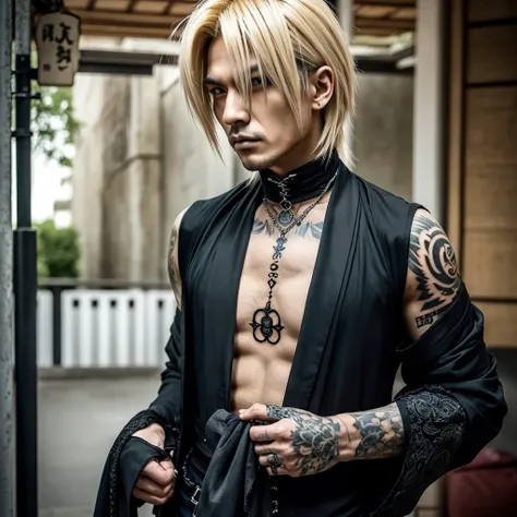 1 man, male, Japanese man, Visual Kai hairstyle, ultra detailed face and body, hyperrealistic, realistic representation, muscular, broad shoulders, tattoos gothic style, Visual Kei style, hairstyle Visual Kei, blond, long hair, 40 years old, age 40, outfit...