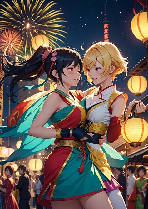 "A group of anime-style animated female characters, inspired by the look of Genshin Impact, dancing happily in a colorful festival. The characters wear traditional and sensual clothing that is stylized and graceful, with unique designs that reflect their p...