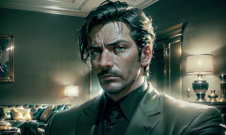 "((highly detailed, detailed eyes, detailed face, clear and realistic facial features, photorealistic, realistic light; cinematic)), (1 man), ((((classy living room background)))), (((sophisticated gorgeous middle-aged man father))), ((((intense brooding e...