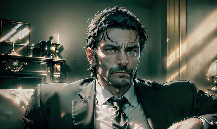 "((highly detailed, detailed eyes, detailed face, clear and realistic facial features, photorealistic, realistic light; cinematic)), (1 man), ((((classy living room background)))), (((sophisticated gorgeous middle-aged man father))), ((((intense brooding e...