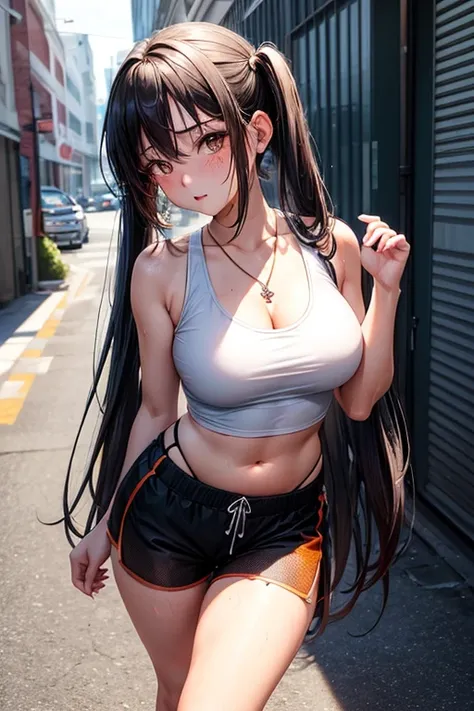 Kaori, Single model, solo, half Asian, half Latino, very long straight black hair, freckles, blushing, wet eyes, long chain pendant, very large heavy breasts, chubby, belly, stretchmarks, pigtails, bright orange fitted sleeveless cropped tank top with mesh...