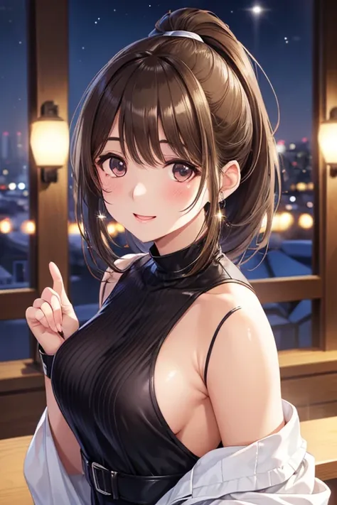 anegasaki nene、Shiny brown hair, short hair, (Beautiful brown eyes、Sparkling eyes, Fine grain)、smile、Ultra-detailed eyes、Highly detailed face, Highly detailed eyes,

Cowboy Shot、

(Close-up of a woman)、Depiction of the upper body、30-year-old woman、smile、((...