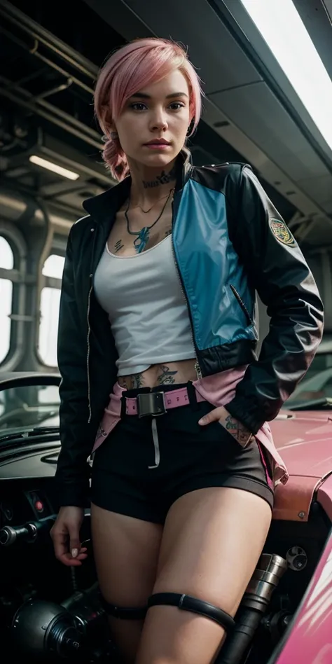 Gwen Tennyson,tracer,steering wheel,yorkha 2b,observe,nir-automata,Pilot mechanic,track,tattoos,pink buttoned windbreaker to the waist,doesn&#39;t wear a bra,white cargo leggings,uncovered belly,short hair,punk makeup,green eyes,Multicolored silver hair,Se...