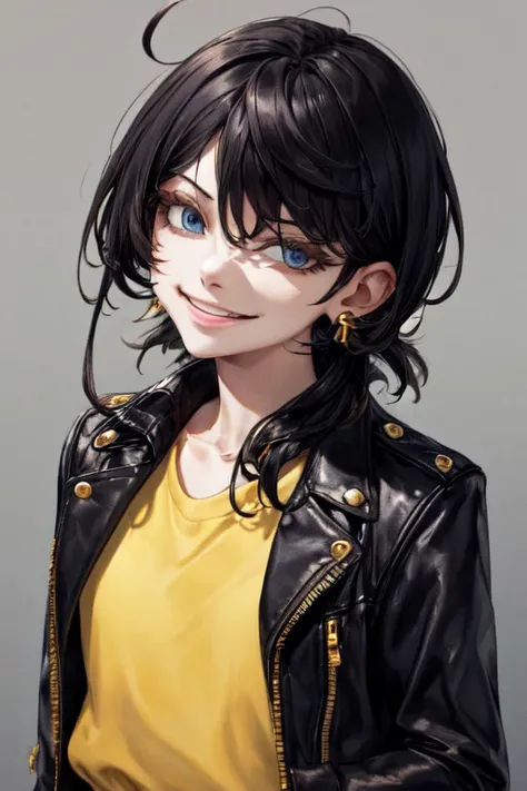 Masterpiece, Upper body, Face image,  woman, Single, Black hair, Hair above the eyes, Untidy hair, yellow sweater , Black leather jacket, a smile, Earrings, in the fresh air, collar