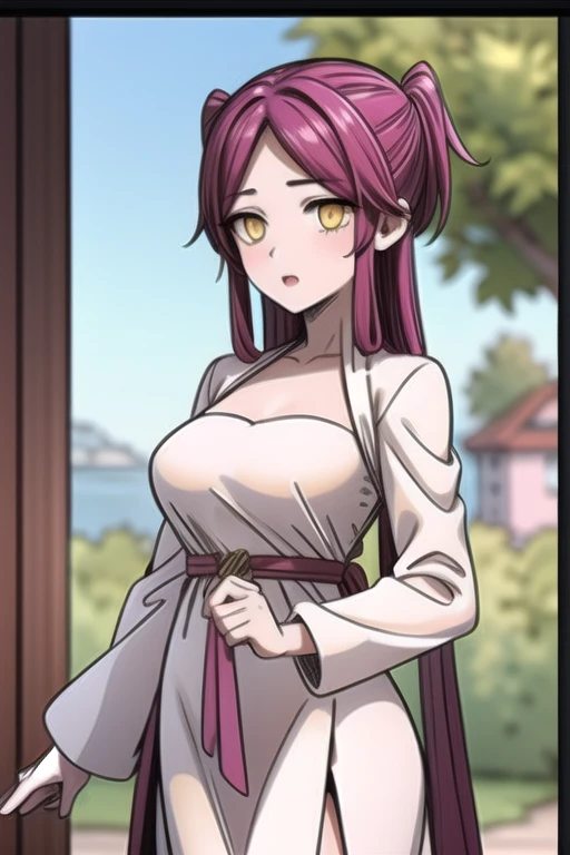 tall girl, yellow eyes, magenta hair color, maintain original hairstyle,  wearing her original dress, standing outdoors, cowboy shot